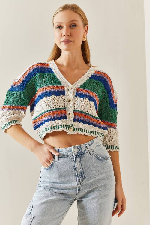 Yeşil Fakir Kol Renkli Crop Hırka 4KXK3-47734-08 - 2