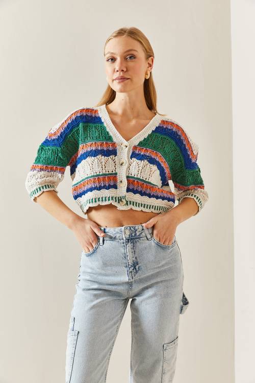 Yeşil Fakir Kol Renkli Crop Hırka 4KXK3-47734-08 - 3