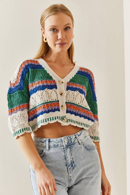 Yeşil Fakir Kol Renkli Crop Hırka 4KXK3-47734-08 - 4