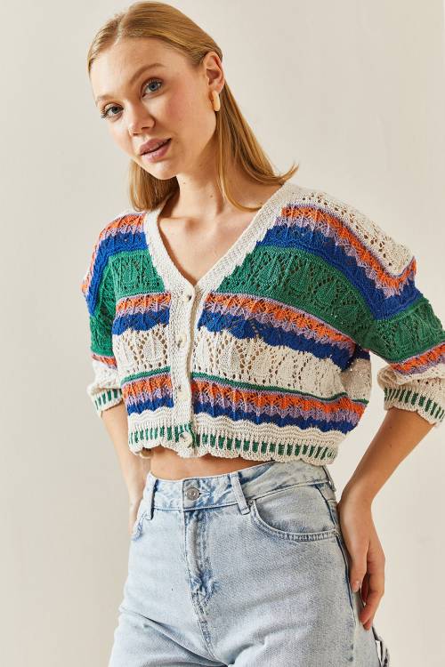 Yeşil Fakir Kol Renkli Crop Hırka 4KXK3-47734-08 - 5