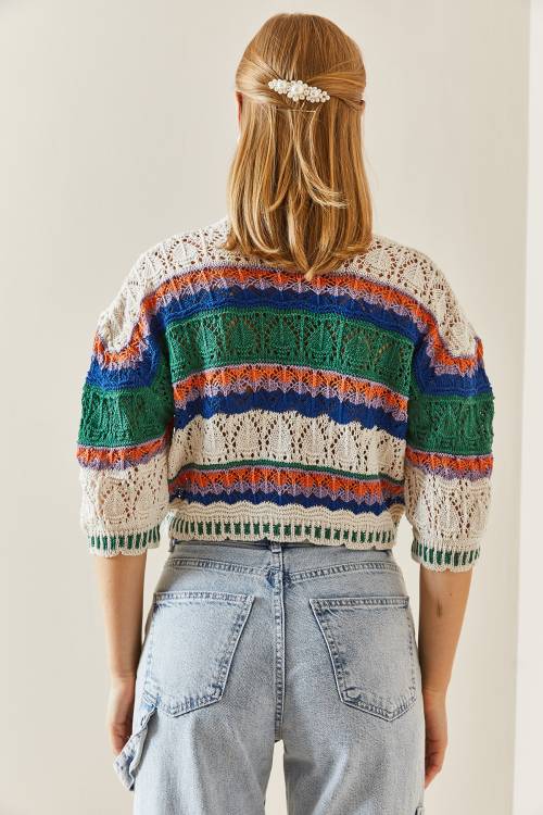 Yeşil Fakir Kol Renkli Crop Hırka 4KXK3-47734-08 - 6
