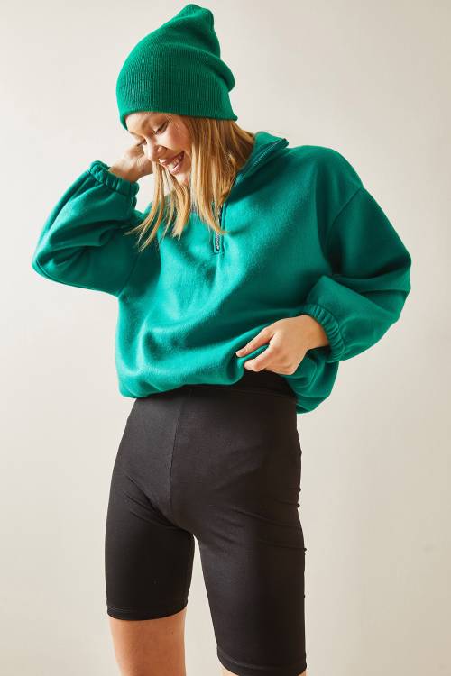 Yeşil Fermuarlı Dik Yaka Polar Sweatshirt 4KXK8-47854-08 - 2