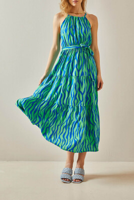 Yeşil Halter Yaka Desenli Maxi Elbise 5YXK6-47989-08 - XHAN