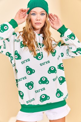 Yeşil Kapüşonlü Ayıcık Desenli Sweatshirt 3KXK8-46624-08 