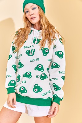 Yeşil Kapüşonlü Ayıcık Desenli Sweatshirt 3KXK8-46624-08 - 2