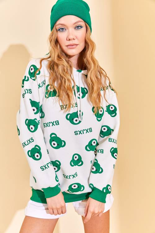 Yeşil Kapüşonlü Ayıcık Desenli Sweatshirt 3KXK8-46624-08 - 3