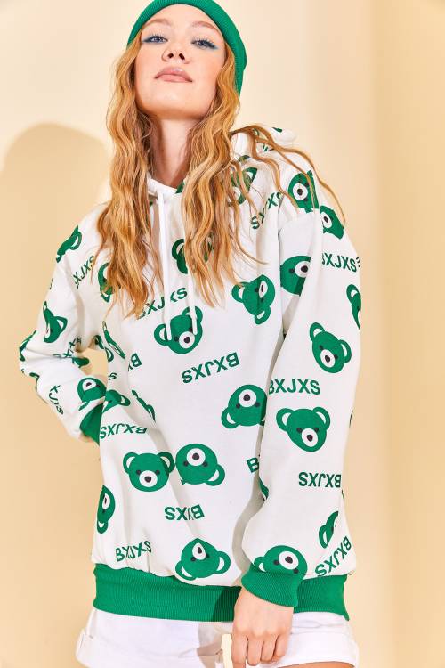 Yeşil Kapüşonlü Ayıcık Desenli Sweatshirt 3KXK8-46624-08 - 5