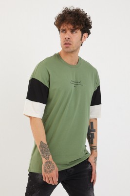 XHAN - Yeşil Kolları Garnili Baskılı Oversize T-Shirt 1YXE1-44879-08
