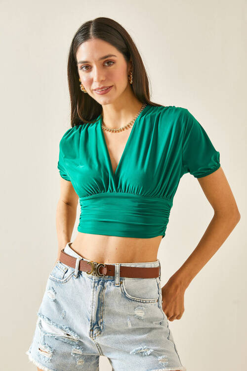 Yeşil Kruvaze Yaka Dökümlü Crop Bluz 5YXK2-48472-08 - 5