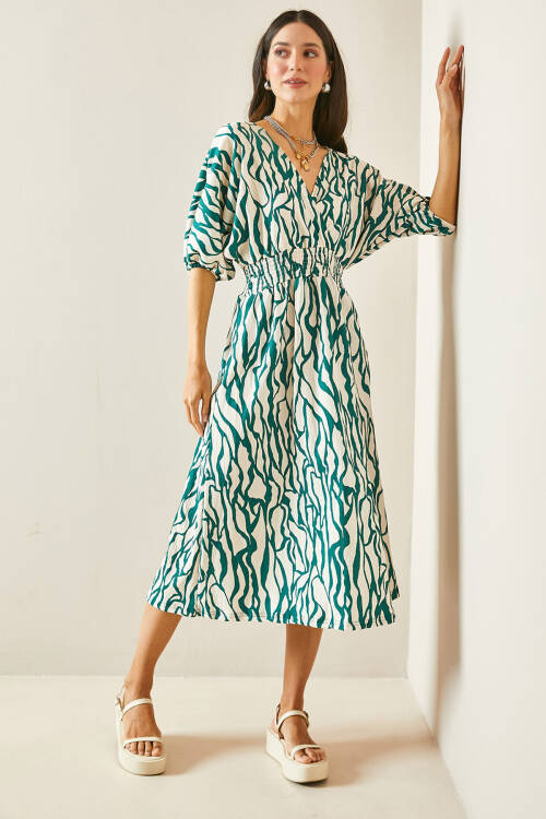 Yeşil Kruvaze Yaka Zebra Desenli Dokulu Midi Elbise 5YXK6-48454-08 - 2