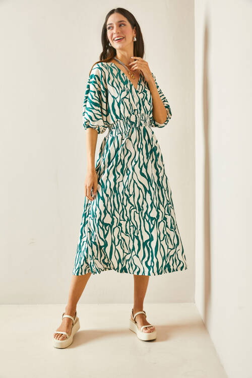 Yeşil Kruvaze Yaka Zebra Desenli Dokulu Midi Elbise 5YXK6-48454-08 - 5