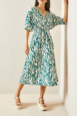 Yeşil Kruvaze Yaka Zebra Desenli Dokulu Midi Elbise 5YXK6-48454-08 