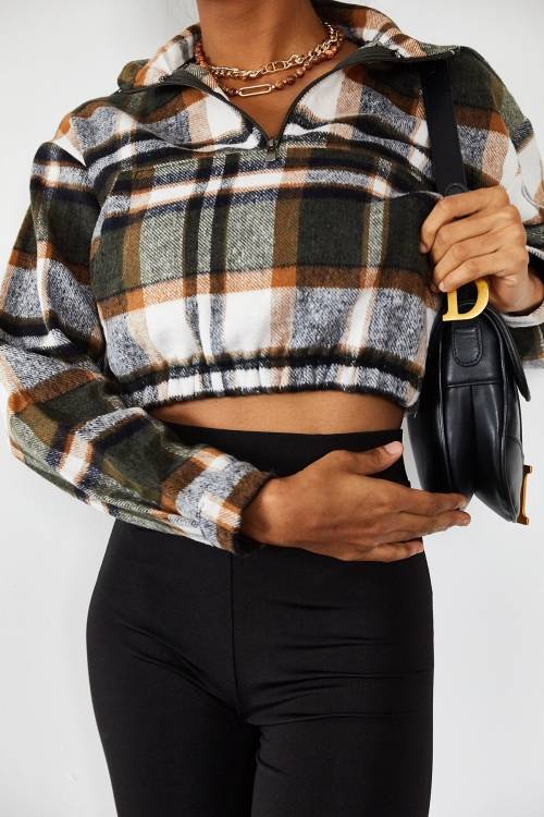 Yeşil Oduncu Desen Kaşe Crop Sweatshirt 3YXK8-47117-08 - 2