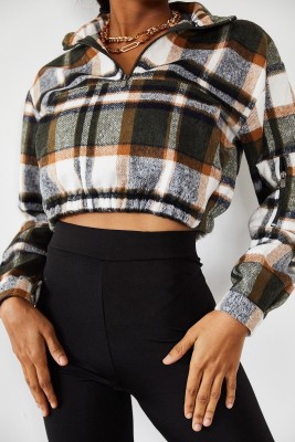 Yeşil Oduncu Desen Kaşe Crop Sweatshirt 3YXK8-47117-08 - 3