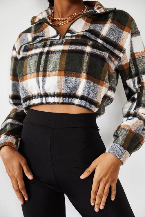 Yeşil Oduncu Desen Kaşe Crop Sweatshirt 3YXK8-47117-08 - 3