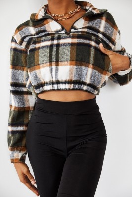Yeşil Oduncu Desen Kaşe Crop Sweatshirt 3YXK8-47117-08 - 5