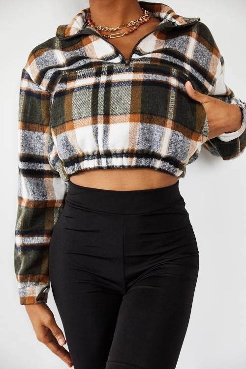 Yeşil Oduncu Desen Kaşe Crop Sweatshirt 3YXK8-47117-08 - 5