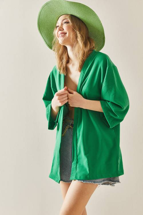 Yeşil Oversize Dokulu Kimono 3YXK4-46988-08 - 4