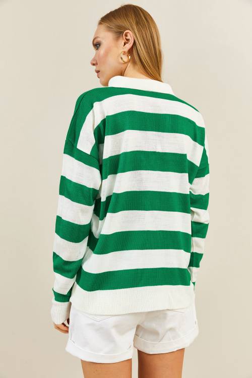 Yeşil Polo Yaka Çizgili Kazak 3KXK3-46556-08 - 4