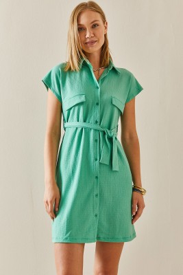 XHAN - Yeşil Polo Yaka Kuşaklı Elbise 3YXK6-47459-08