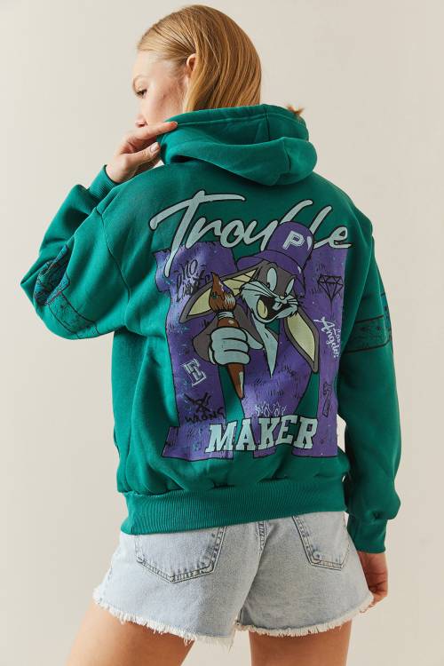 Yeşil Şardonlu & Arkası Baskılı Kapüşonlü Sweatshirt 4KXK8-47835-08 - 2