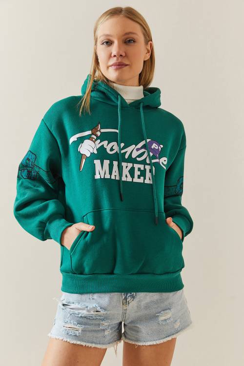 Yeşil Şardonlu & Arkası Baskılı Kapüşonlü Sweatshirt 4KXK8-47835-08 - 3