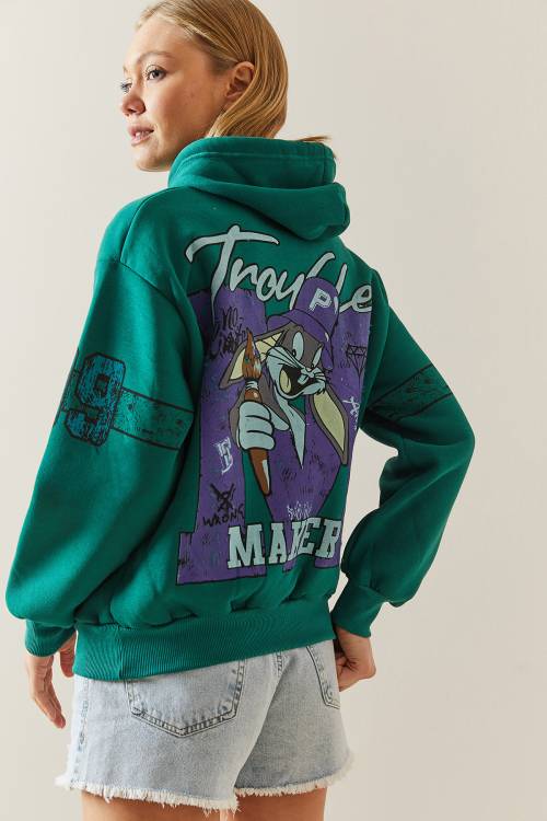 Yeşil Şardonlu & Arkası Baskılı Kapüşonlü Sweatshirt 4KXK8-47835-08 - 4