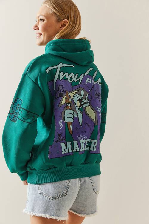 Yeşil Şardonlu & Arkası Baskılı Kapüşonlü Sweatshirt 4KXK8-47835-08 - 5