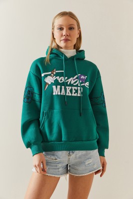 Yeşil Şardonlu & Arkası Baskılı Kapüşonlü Sweatshirt 4KXK8-47835-08 - 6