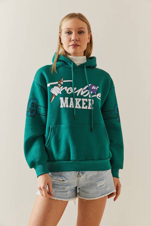 Yeşil Şardonlu & Arkası Baskılı Kapüşonlü Sweatshirt 4KXK8-47835-08 - 6