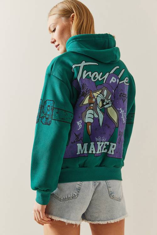 Yeşil Şardonlu & Arkası Baskılı Kapüşonlü Sweatshirt 4KXK8-47835-08 - 7