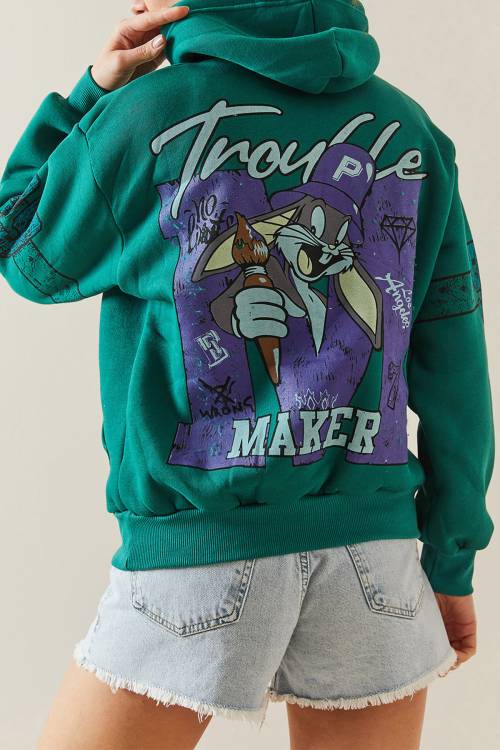 Yeşil Şardonlu & Arkası Baskılı Kapüşonlü Sweatshirt 4KXK8-47835-08 - 1