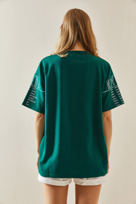 Zümrüt Yeşili Baskılı Bisiklet Yaka Oversize Tişört 5YXK1-48004-44 - 5