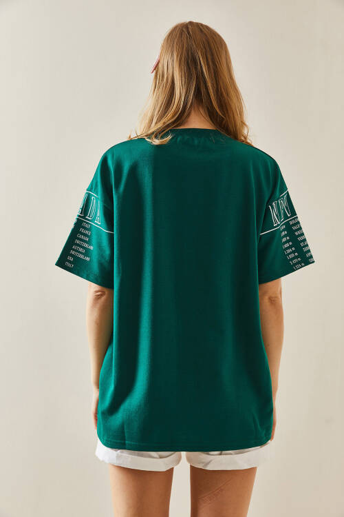 Zümrüt Yeşili Baskılı Bisiklet Yaka Oversize Tişört 5YXK1-48004-44 - 5