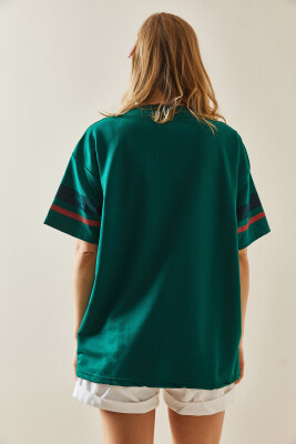Zümrüt Yeşili Baskılı Bisiklet Yaka Oversize Tişört 5YXK1-48005-44 - 5