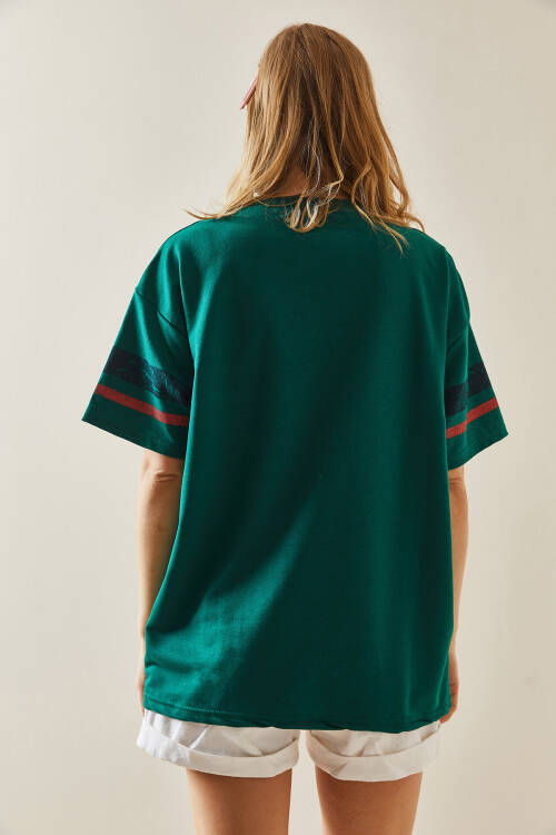 Zümrüt Yeşili Baskılı Bisiklet Yaka Oversize Tişört 5YXK1-48005-44 - 5