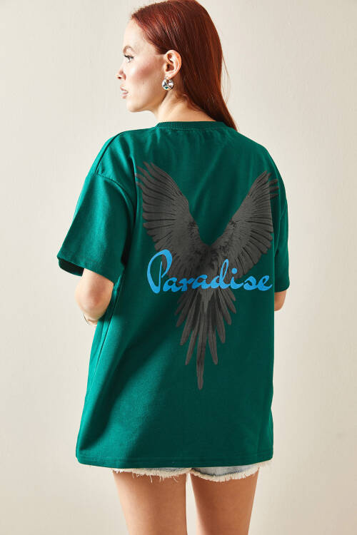Zümrüt Yeşili Bisiklet Yaka Arkası Baskılı Oversize Tişört 5YXK1-48210-44 - 4