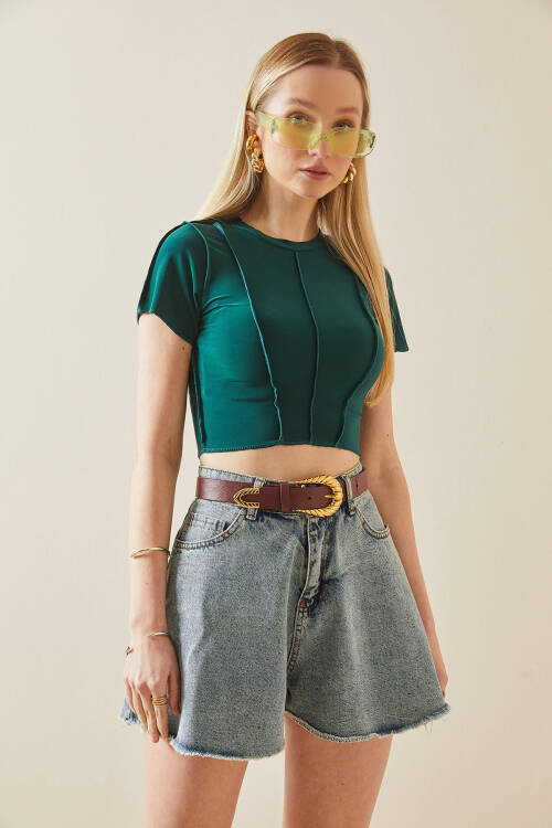 Zümrüt Yeşili Bisiklet Yaka Likralı Crop Basic Bluz 5YXK2-48069-44 - 5