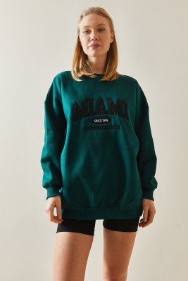 Zümrüt Yeşili Bisiklet Yaka & Şardonlu Oversize Sweatshirt 4KXK8-47718-44 - 2