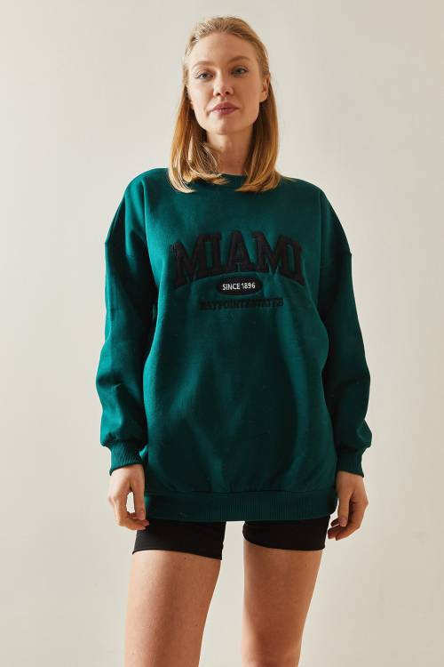 Zümrüt Yeşili Bisiklet Yaka & Şardonlu Oversize Sweatshirt 4KXK8-47718-44 - 2