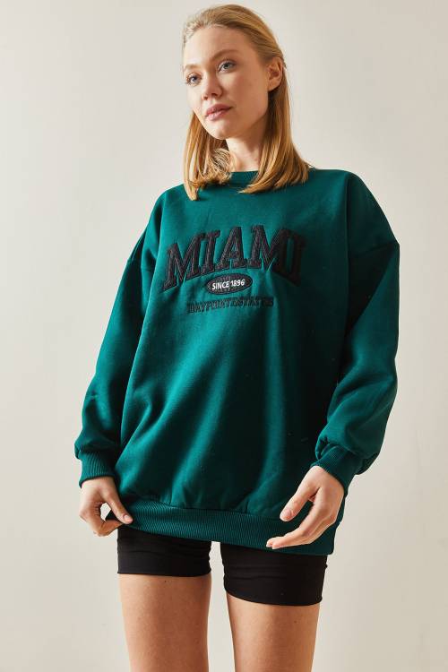 Zümrüt Yeşili Bisiklet Yaka & Şardonlu Oversize Sweatshirt 4KXK8-47718-44 - 3