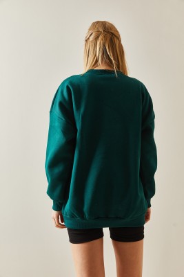 Zümrüt Yeşili Bisiklet Yaka & Şardonlu Oversize Sweatshirt 4KXK8-47718-44 - 4