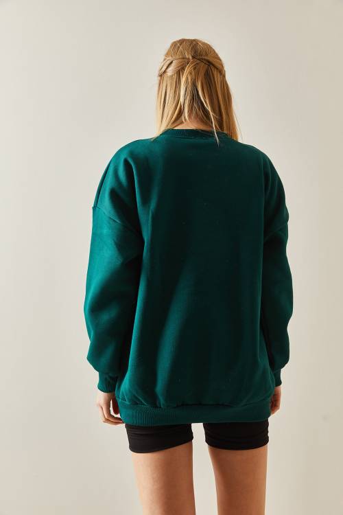 Zümrüt Yeşili Bisiklet Yaka & Şardonlu Oversize Sweatshirt 4KXK8-47718-44 - 4
