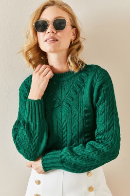 Zümrüt Yeşili Delikli Crop Kazak 3YXK3-47506-44 - 2