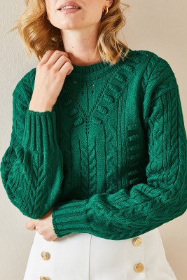 Zümrüt Yeşili Delikli Crop Kazak 3YXK3-47506-44 