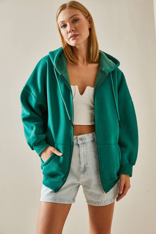Zümrüt Yeşili Fermuarlı Kapüşonlü Sweatshirt 4KXK8-47606-44 - 2