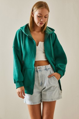 Zümrüt Yeşili Fermuarlı Kapüşonlü Sweatshirt 4KXK8-47606-44 - 3