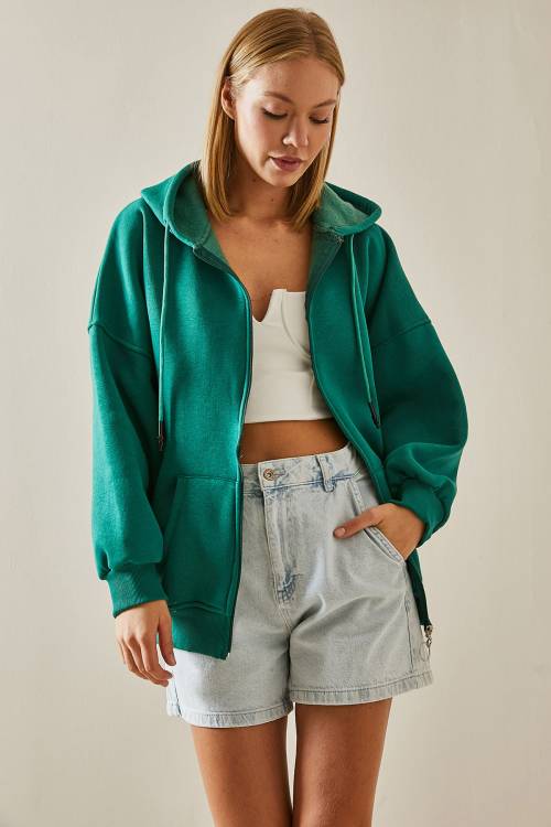 Zümrüt Yeşili Fermuarlı Kapüşonlü Sweatshirt 4KXK8-47606-44 - 3