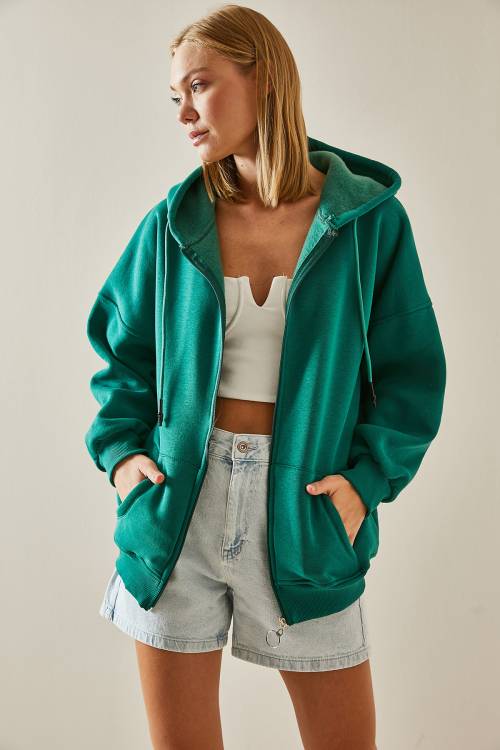 Zümrüt Yeşili Fermuarlı Kapüşonlü Sweatshirt 4KXK8-47606-44 - 4