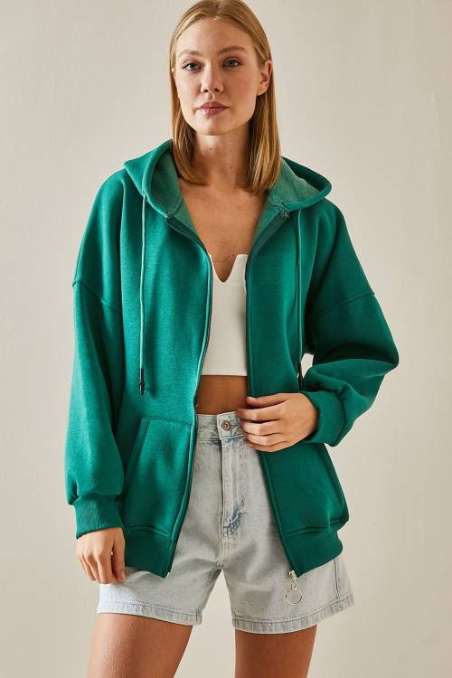 Zümrüt Yeşili Fermuarlı Kapüşonlü Sweatshirt 4KXK8-47606-44 - 5